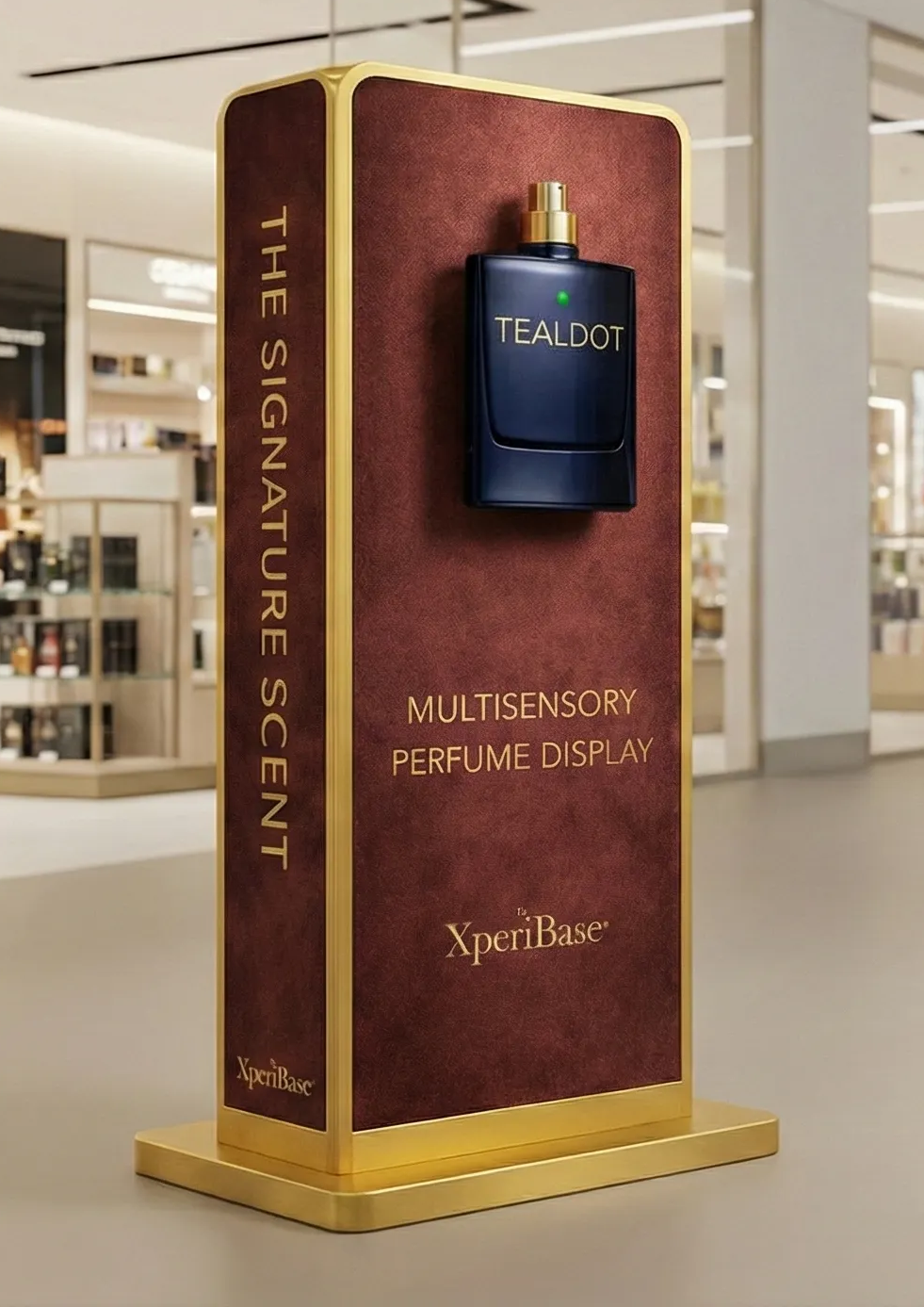 Wolnostojący totem XperiBase z ekspozycją perfum w przestrzeni retail premium